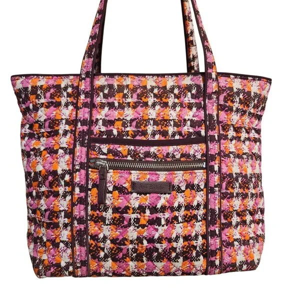 Vera Bradley Classic Tote Bag Houndstooth Tweeds Pink Orange Brown Quilted Retir - Picture 2 of 8